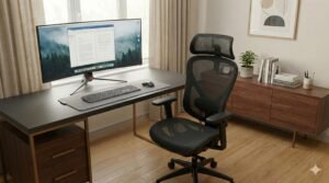 Setup para Home Office com destaque na cadeira ergonômica preta e com enconsto de cabeça.
